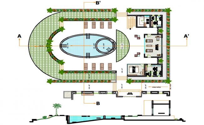 Olympic diving pool and sports center elevation, section and plan ...