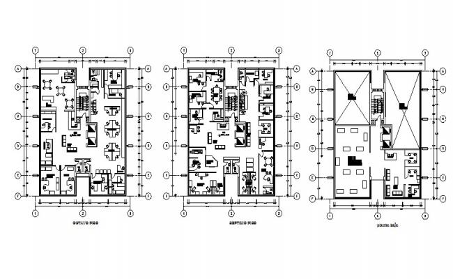 Three story office building floor plan layout details dwg file