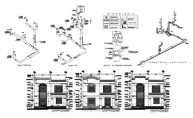 Two Level House All Sided Elevation And Constructive Sectional Details