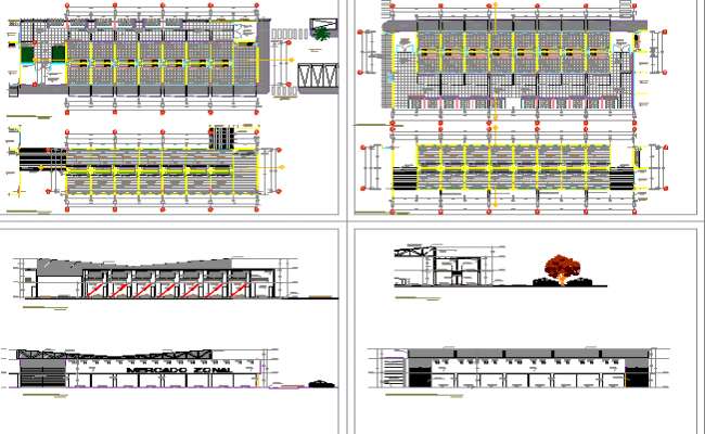 Shopping center with stores department elevation and sectional details ...