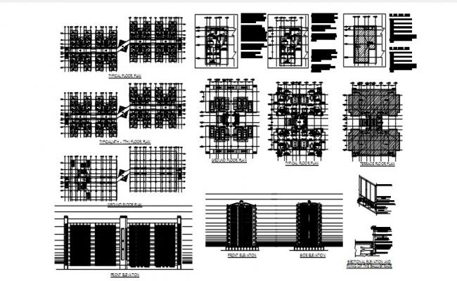 Multi-story apartment building all sided elevation, section and auto ...