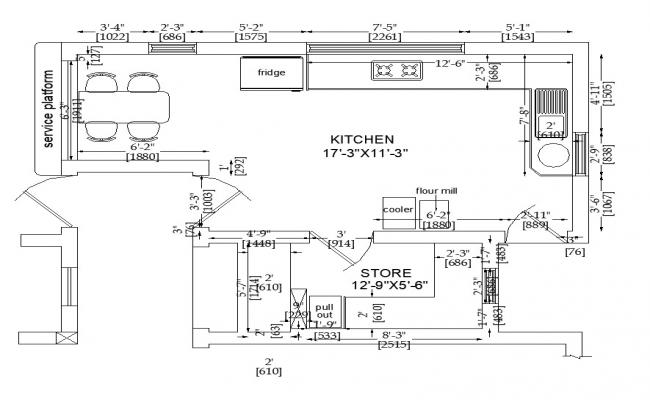 Typical layout of kitchen structure CAD block autocad file
