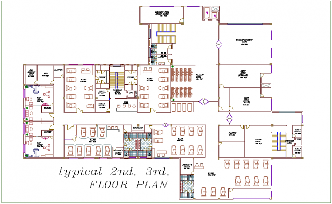 Typical second and third floor plan view of hospital dwg file