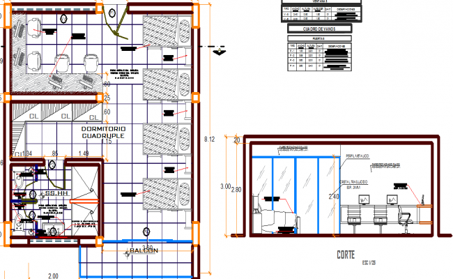 University residence hostel room layout plan and section dwg file