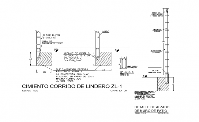 Wall foundation detail 2d view layout sectional file in autocad format