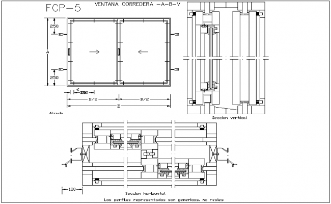 Window design view with horizontal and vertical section dwg file