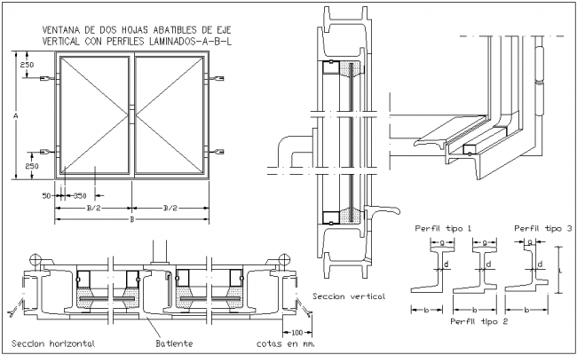 Window of two axis sheet blades with sectional and profile view dwg file