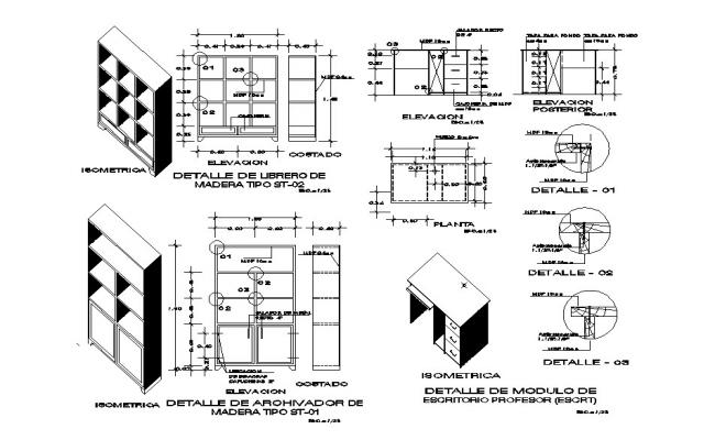 Wooden cabinet multiple drawer elevation, section, plan 