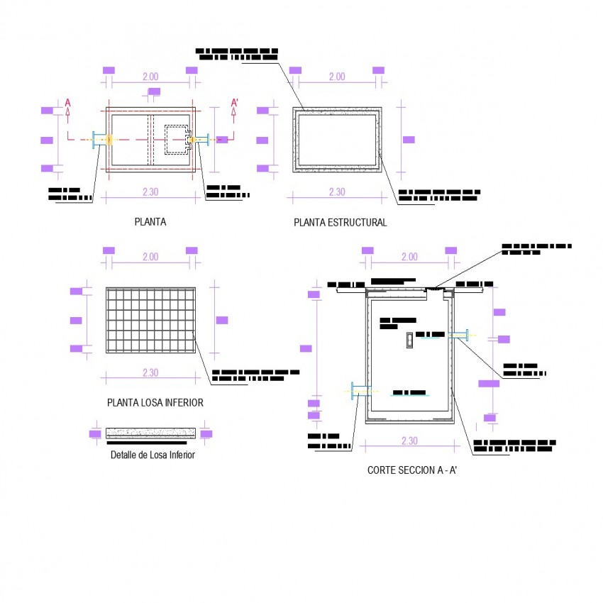 Water reservoir tank section, plan and plumbing structure drawing ...