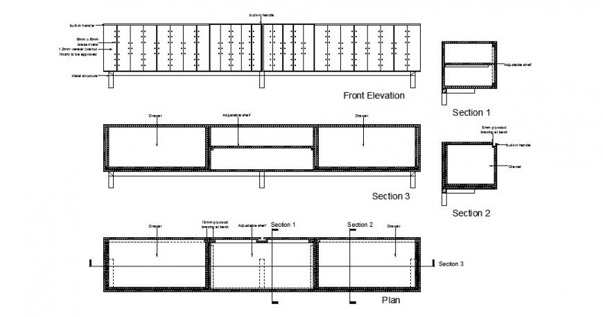 Counter Desk Detail Elevation Plan And Section Autocad Cadbull