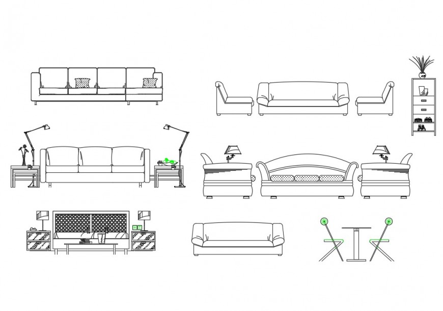 Dynamic sofa set elevation, section, plan and leg cad drawing details