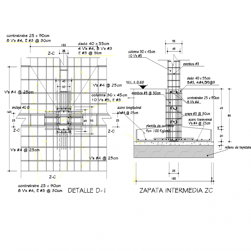 Footing structure 2d view CAD construction blocks dwg file 