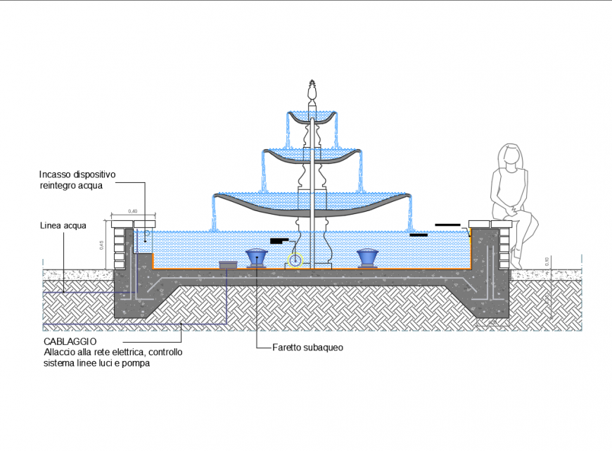 Fountain front elevation and section details dwg file