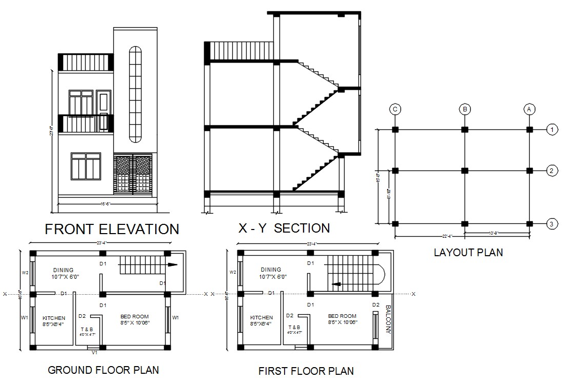1 BHK Small House Plan And Sectional Elevation Design DWG File - Cadbull