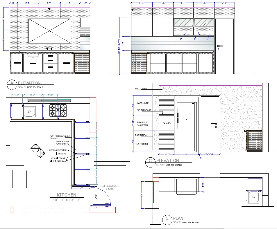 10ftX13ft Modular Kitchen Design Architecture CAD Drawing Cadbull