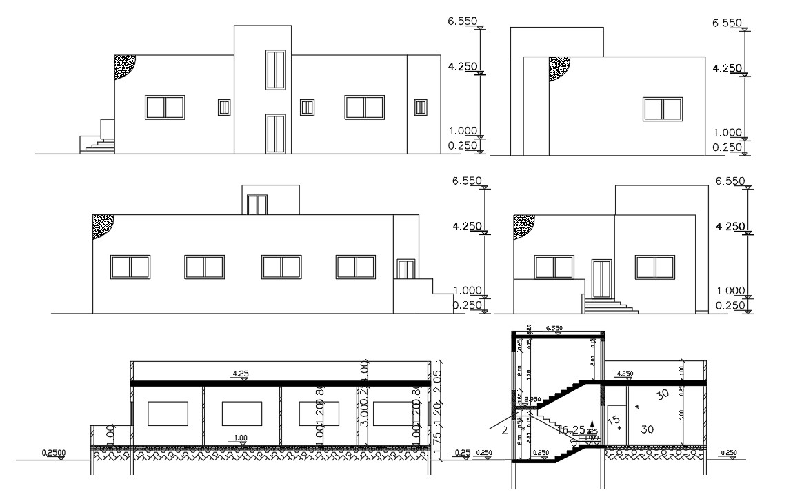 1650 SQFT House Building Sectional Elevation Design Cadbull