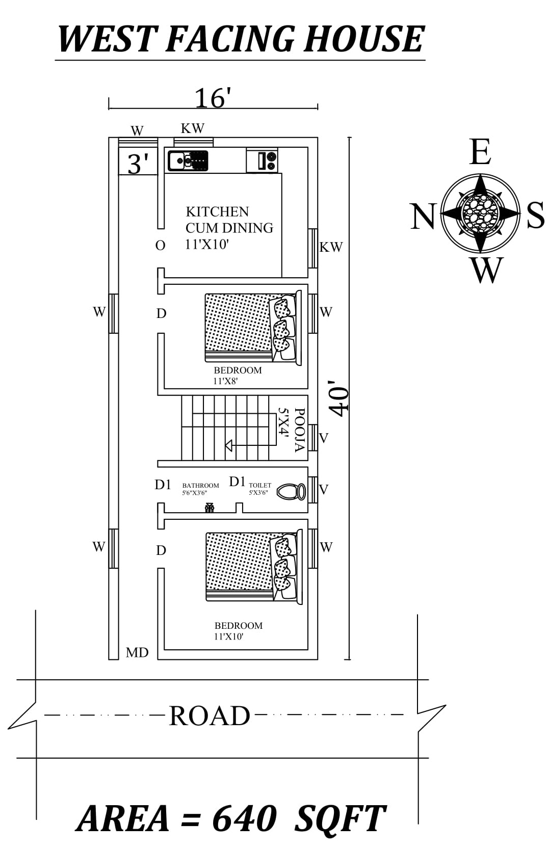 16x40 2 Bhk West Facing House Plan As Per Vastu Shastraautocad Dwg File Details Cadbull