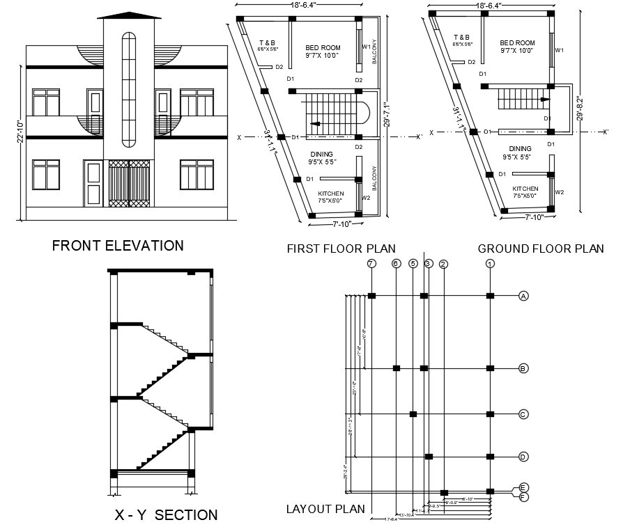 1 Bhk Two Storey House Plan And Sectional Elevation Design - Cadbull