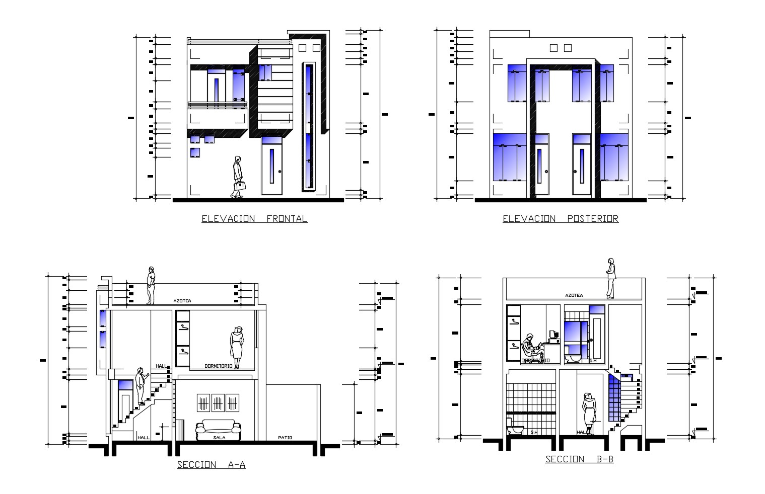 2 storey house design with elevation and section in dwg