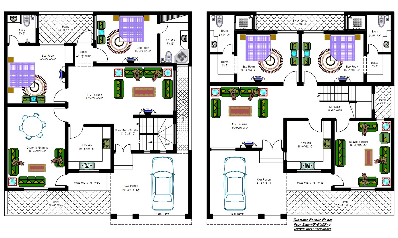 2000 Sq Ft House Plans With 2 Different Option In Autocad Drawing Cadbull
