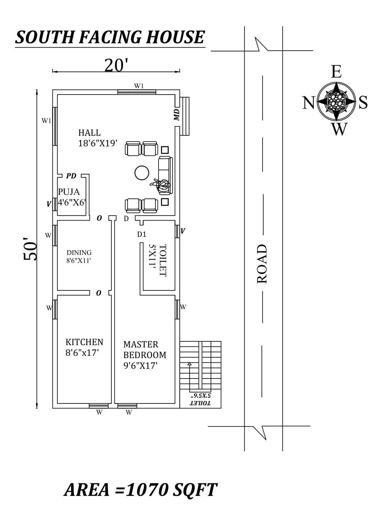 20'X50' Single bhk Beautiful south-facing House Plan As Per Vastu