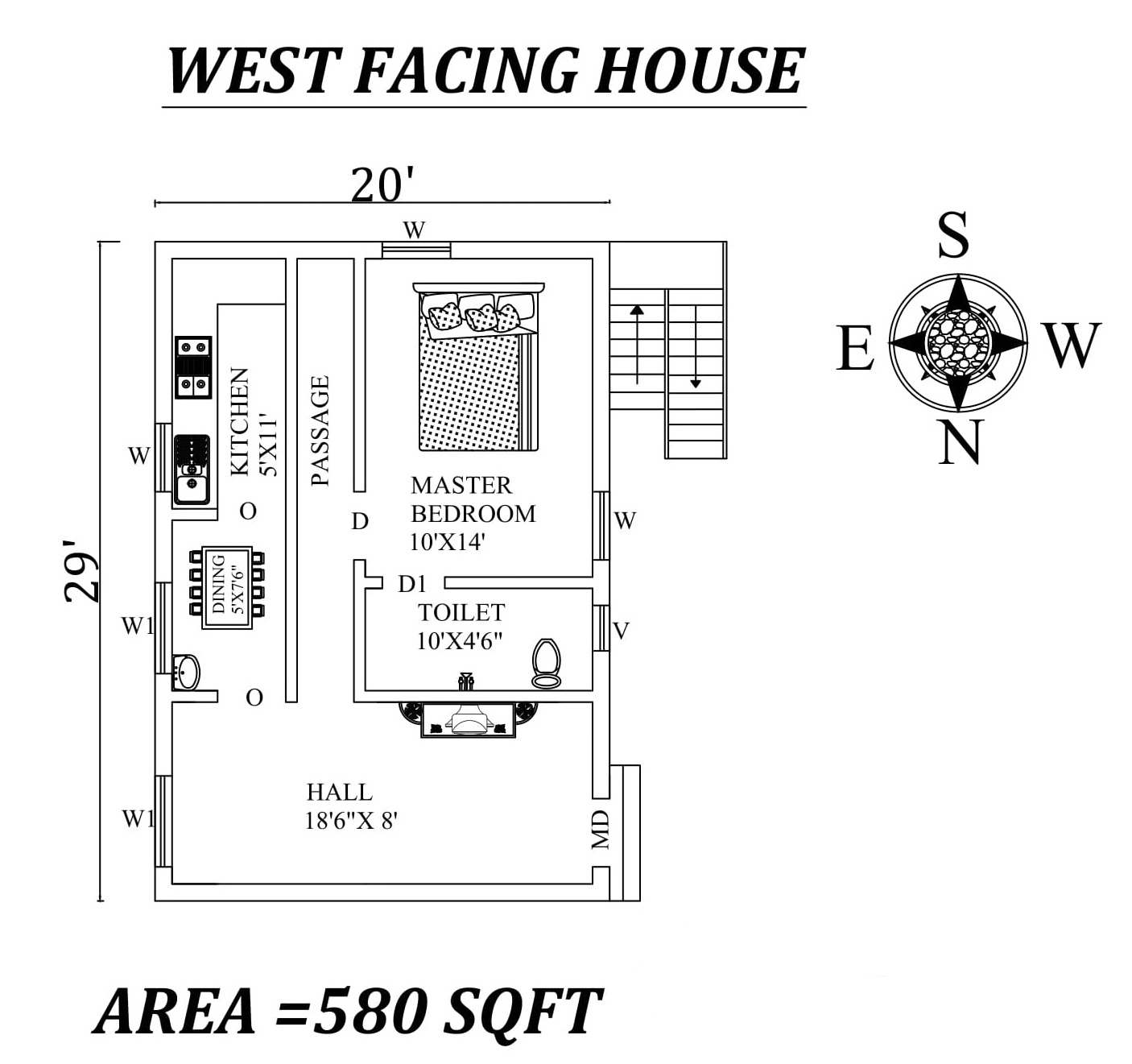 20x29 Single Bhk West Facing House Plan As Per Vastu Shastraautocad Dwg File Details Cadbull