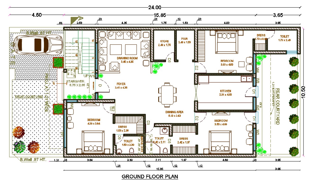 240 Square Meter House Plan With Interior Layout Drawing Dwg File Cadbull