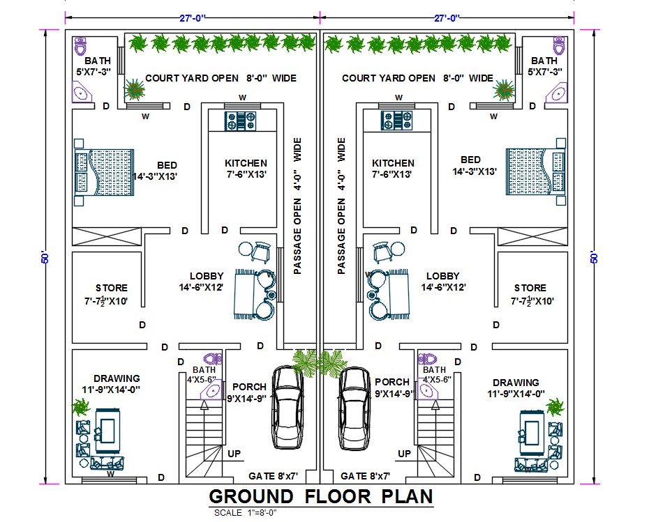 27 X 50 Twin House Ground Floor Plan With Furniture Drawing DWG File   27X50TwinHouseGroundFloorPlanWithFurnitureDrawingDWGFileMonMay2020043507 