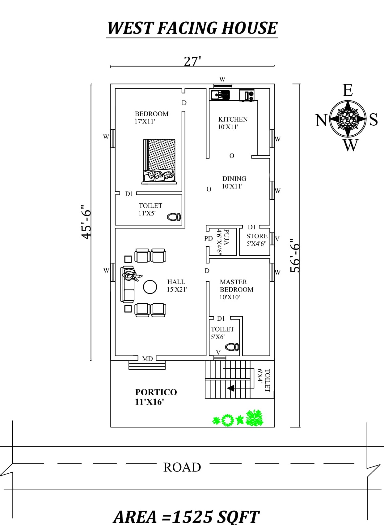 27 X56 6 Marvelous 2bhk West Facing House Plan As Per Vastu Shastra 