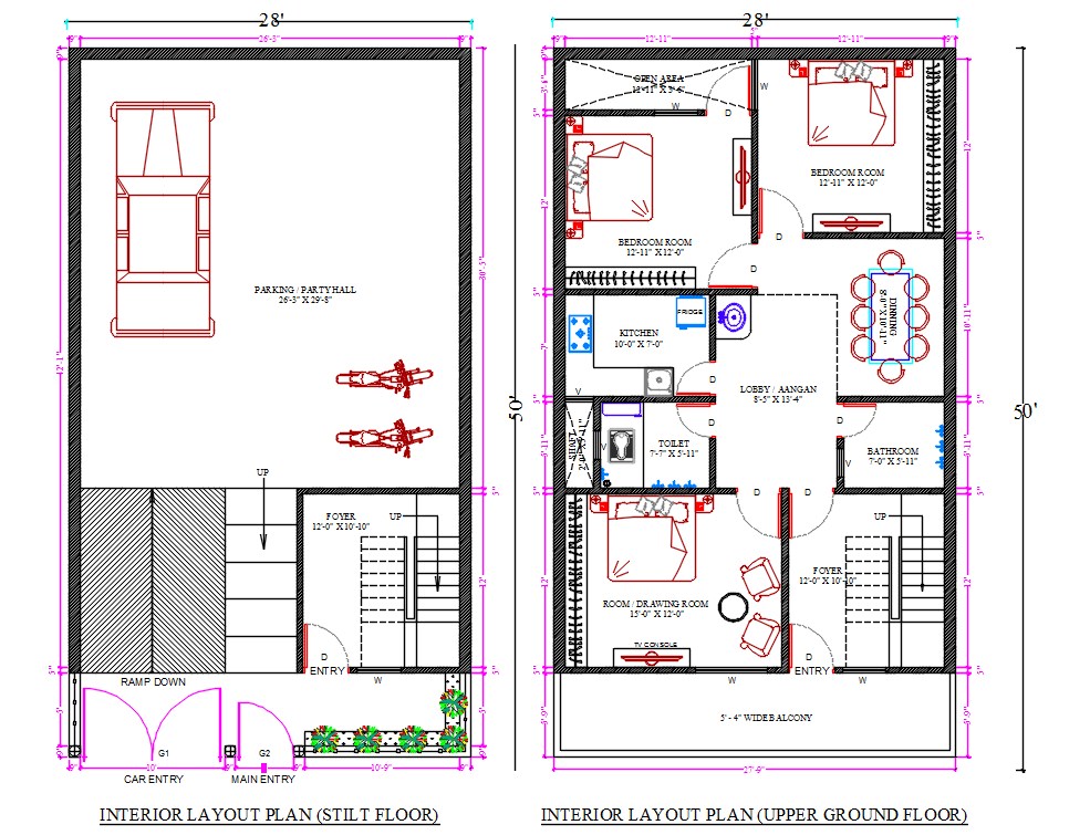 28x50 House Plan Autocad Drawing With 3 Bhk Furniture Layout Dwg File Cadbull