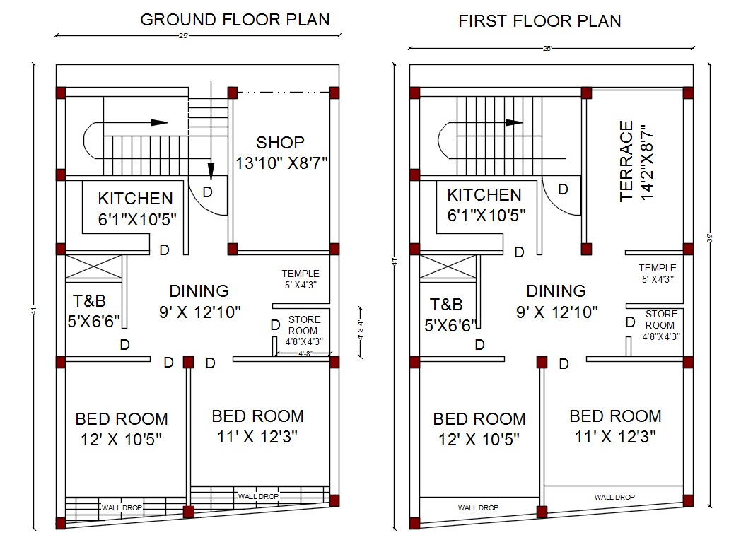 2 Bedroom House Ground Floor And First Floor Plan AutoCAD