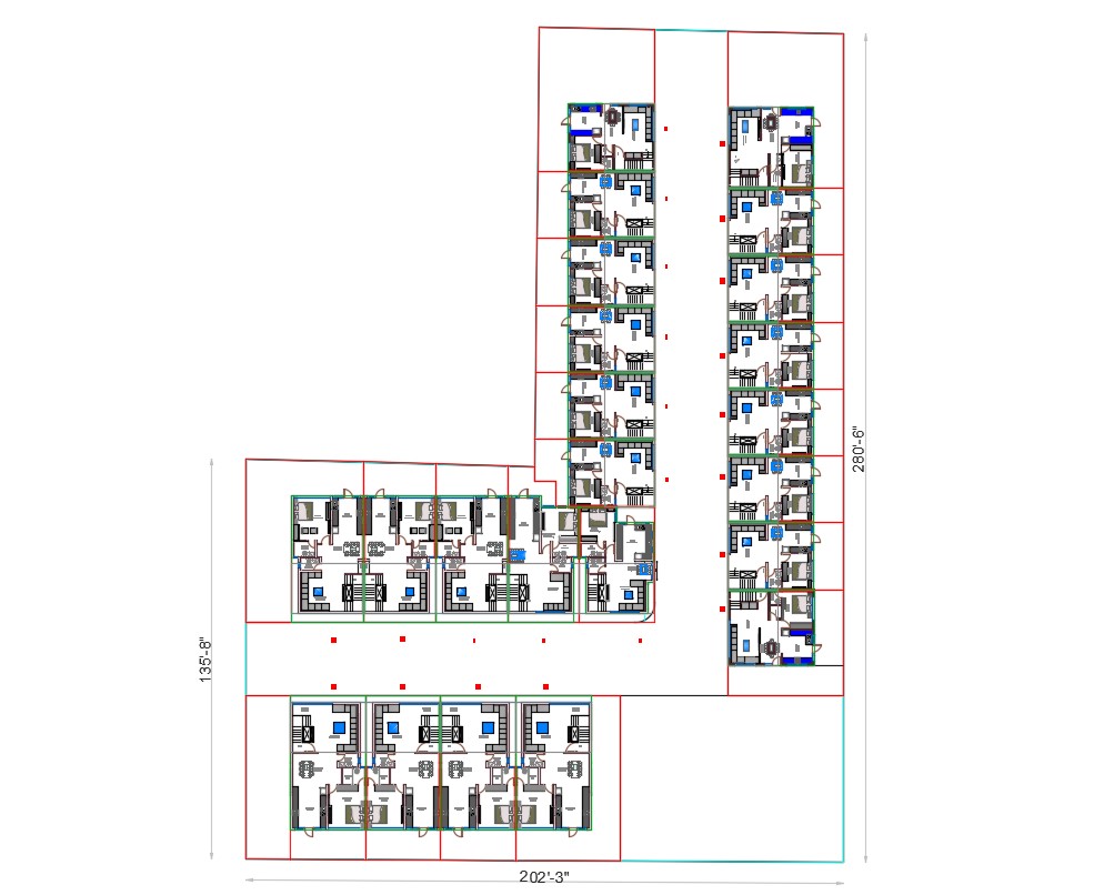 2D CAD Drawing Ground Floor Plan Of Row House With Fully Furnished ...