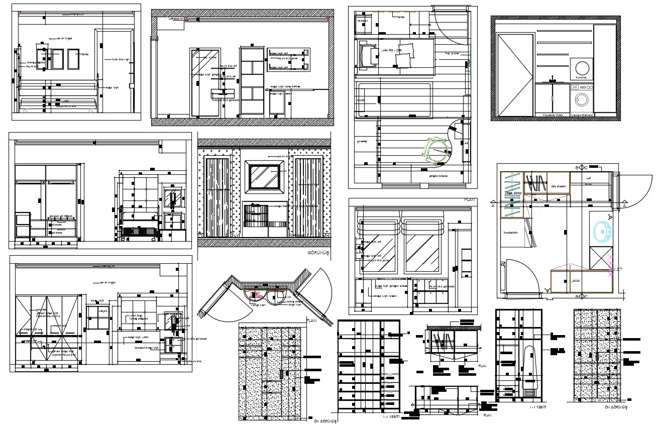 2d Cad Drawing Of Bed Room Furniture All Side Wall Elevation