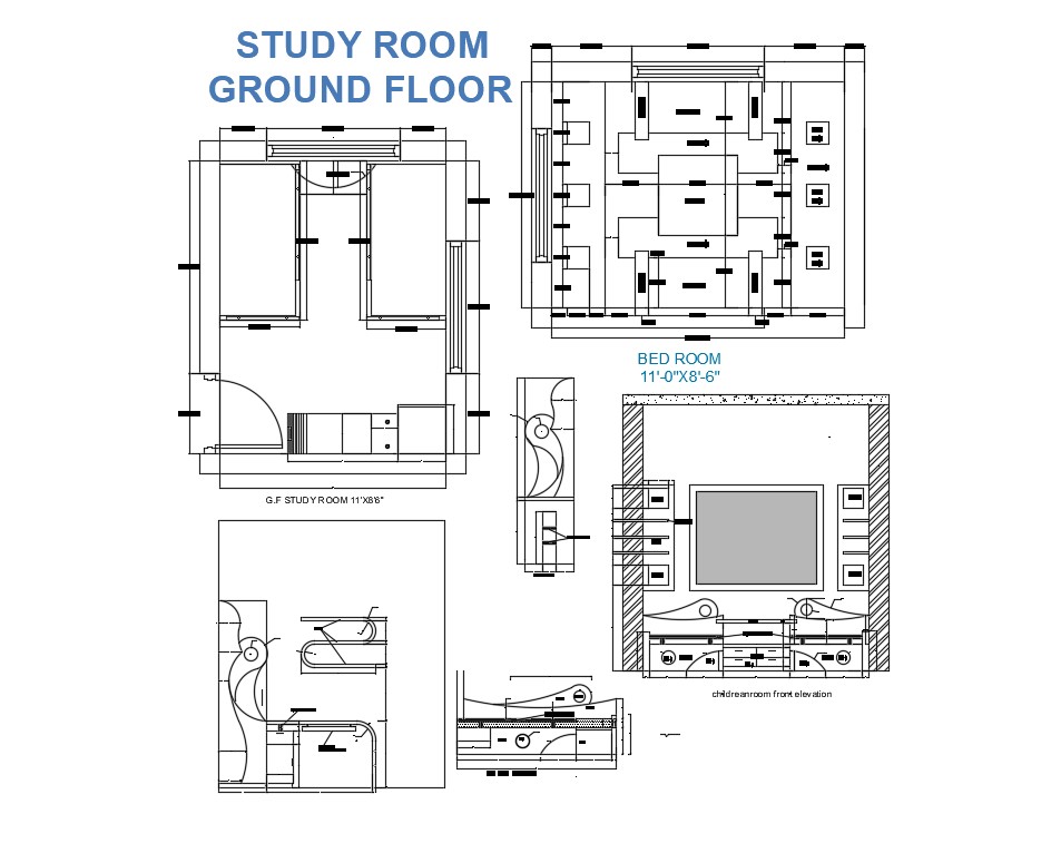 2d Drawing Of Study Room Plan And Ceiling Designwall Elevation Autocad