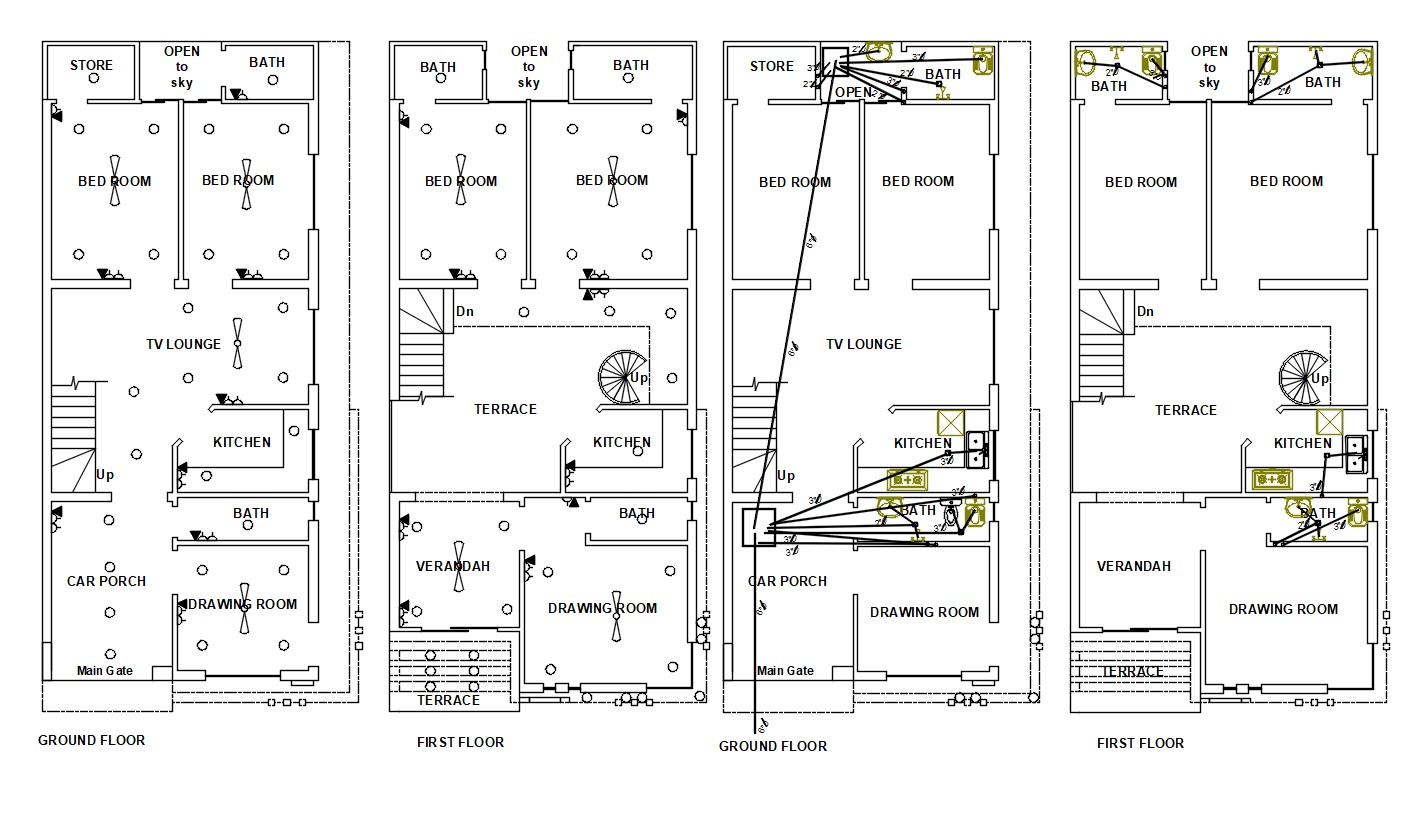 2D House Electrical And Plumbing Layout Plan AutoCAD Drawing - Cadbull