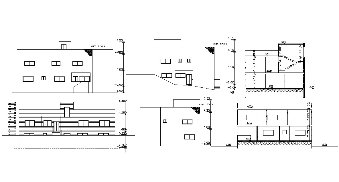 2 Storey House Building Sectional Elevation Drawing Cadbull