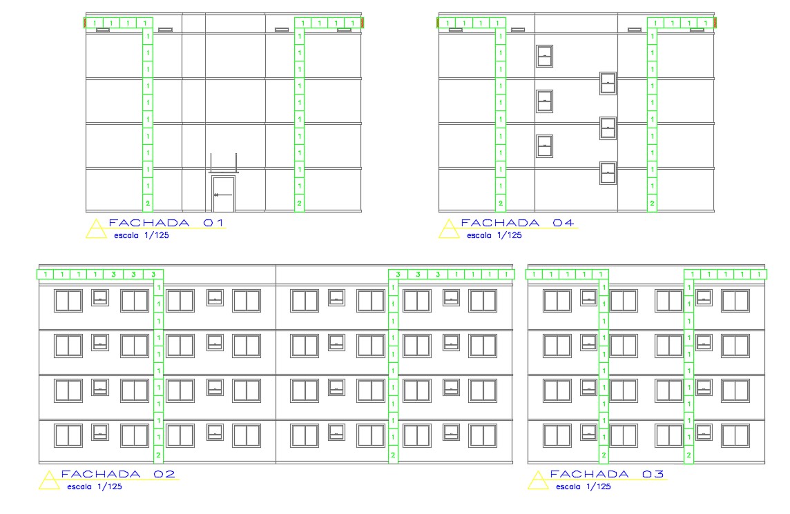 2d Residence Living Apartment Different Sides Elevation Design AutoCAD ...