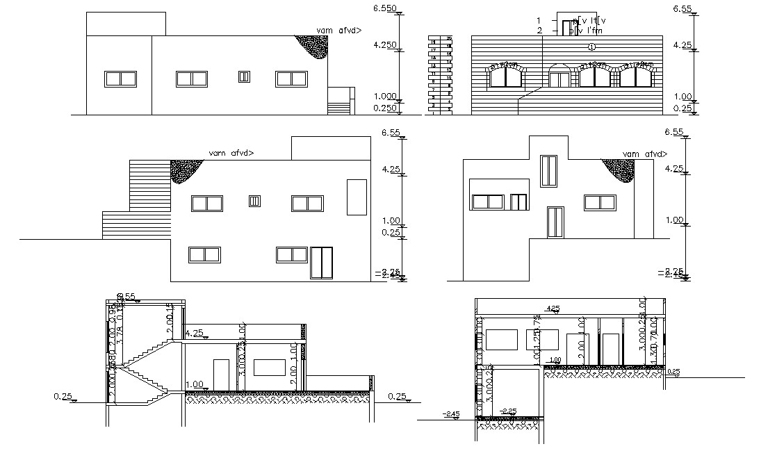 2d Bungalow Elevation and Sectional CAD File - Cadbull