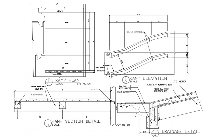 2d Cad Drawings Details Of Ramp Plan Elevation Section Dwg File Cadbull 6678