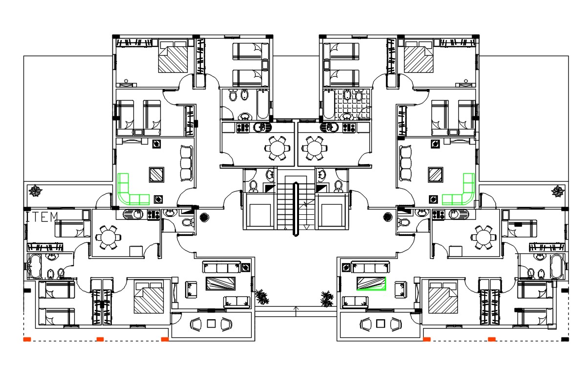 3 BHK Apartment Cluster Layout Plan With Furniture drawing 