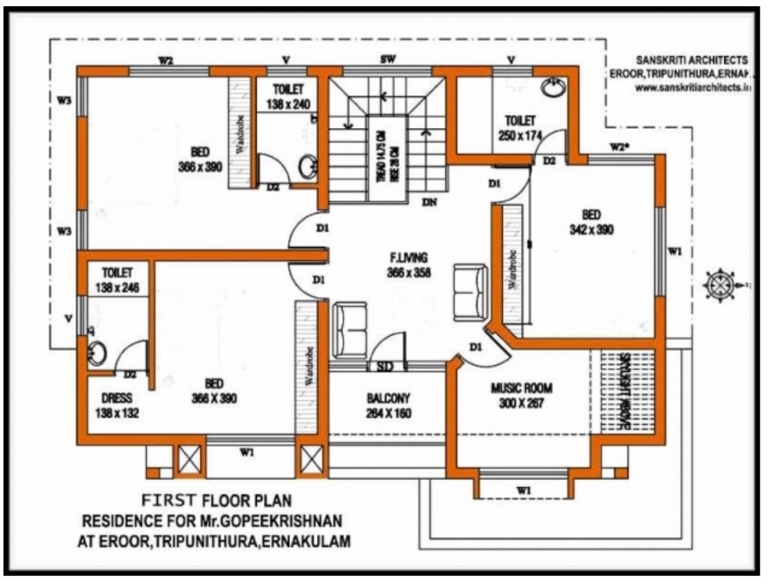 3 BHK House Floor layout plan Cadbull