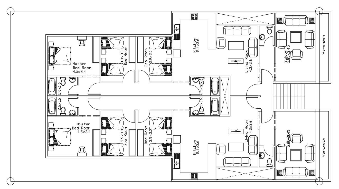 3 Bedroom House Furniture Layout Plan Cad Drawing