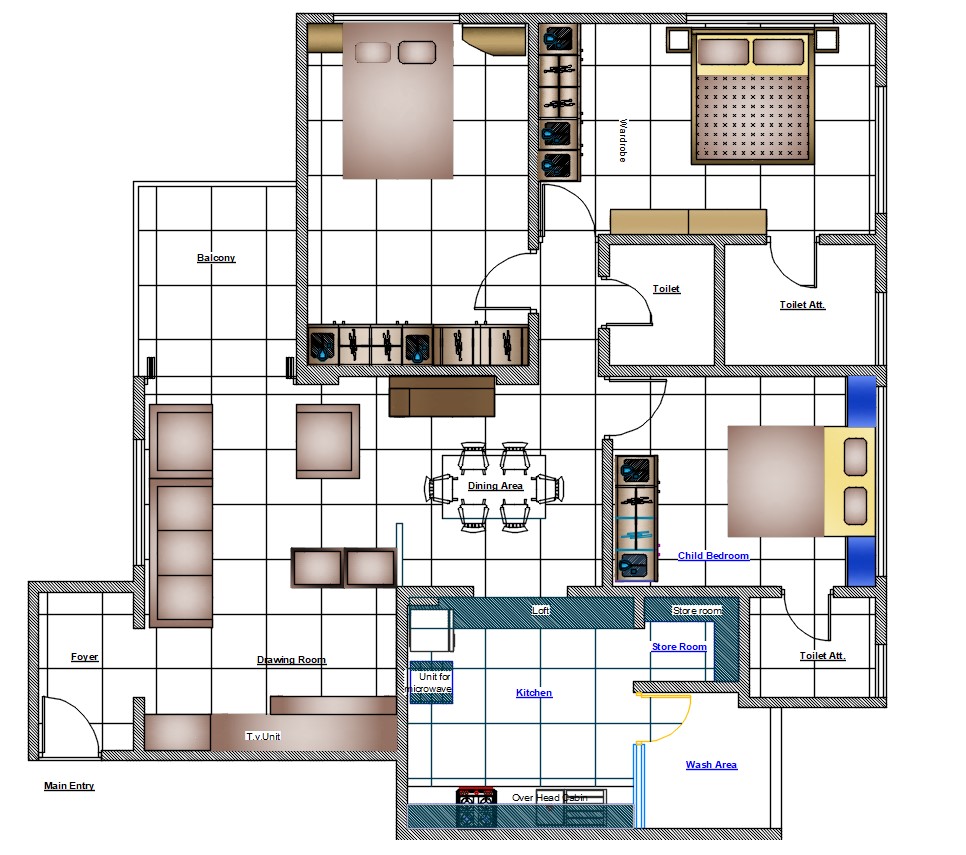 3 Bedroom House Plans With Furniture Layout Drawing DWG File - Cadbull