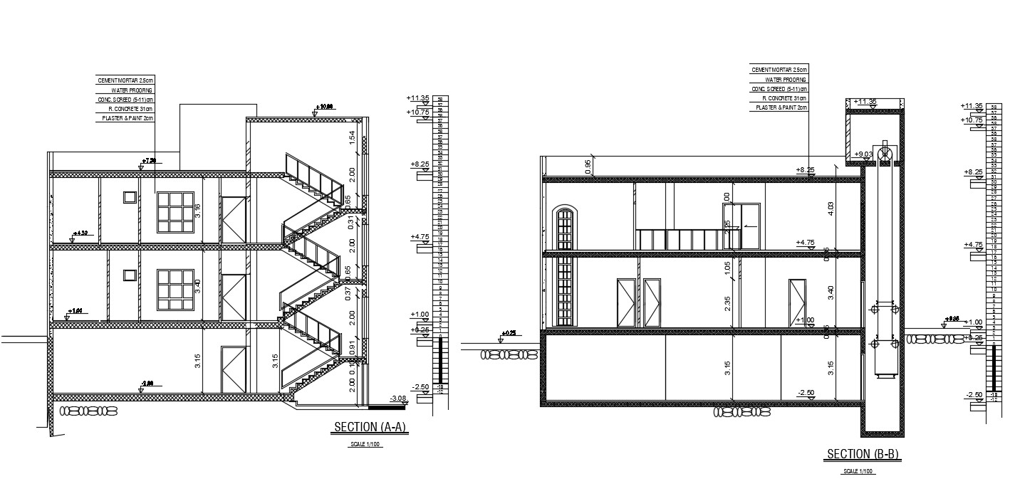 3 Storey House Building Section Drawing DWG File Cadbull