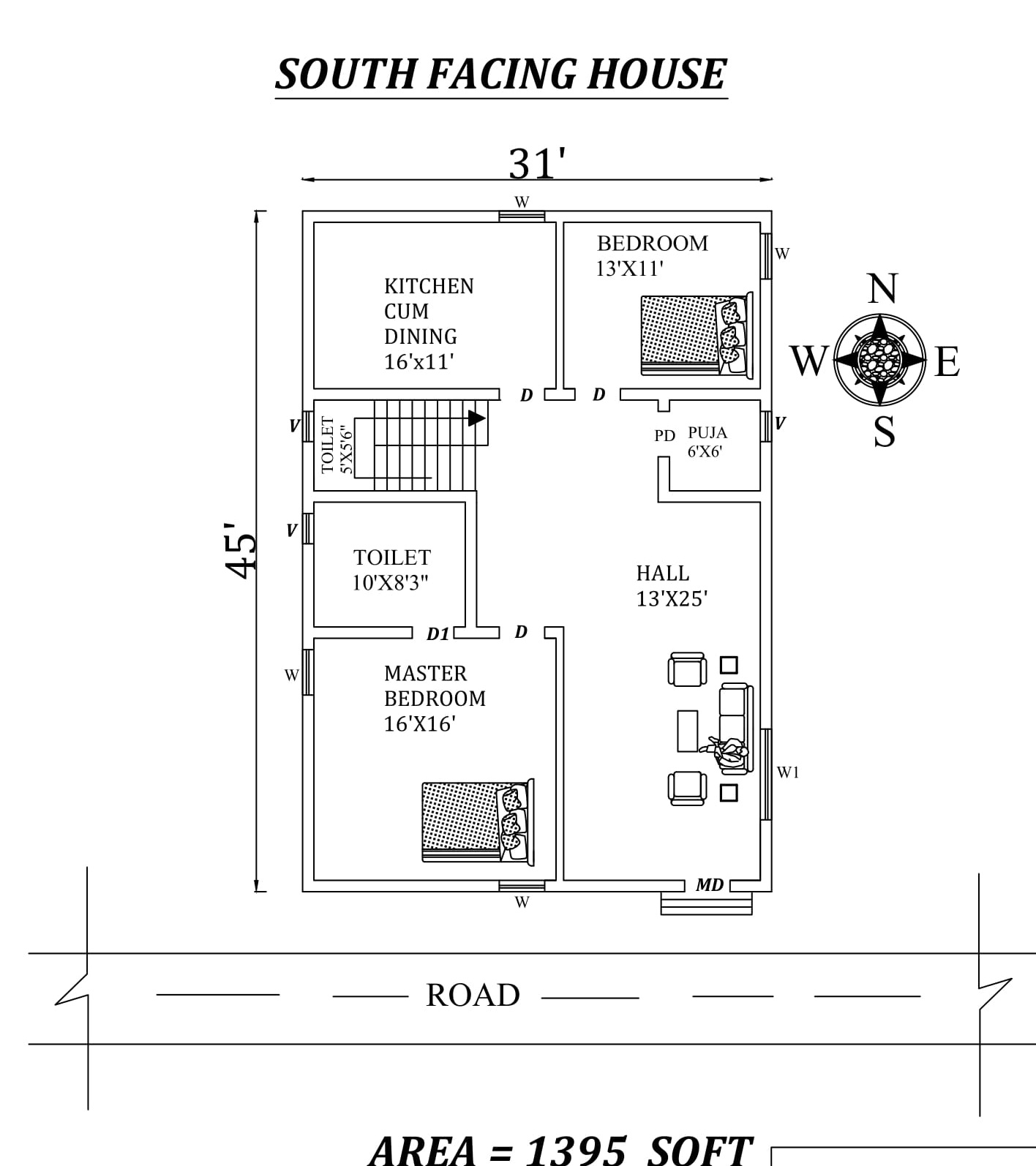 31'X45' 2bhk Amazing South facing House Plan layout As Per Vastu ...