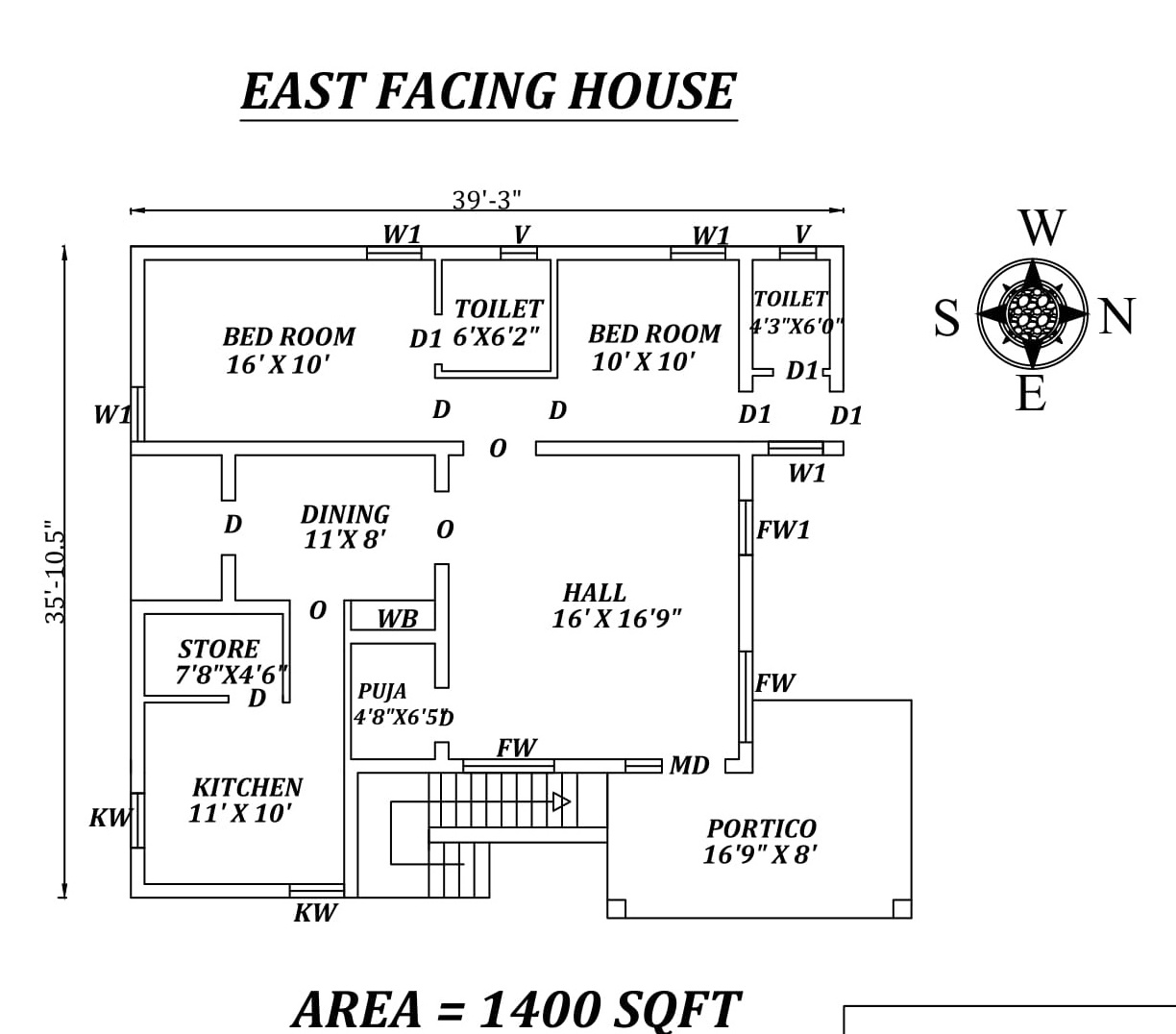 39'X35' 2bhk East facing House Plan As Per Vastu Shastra. Autocad DWG ...