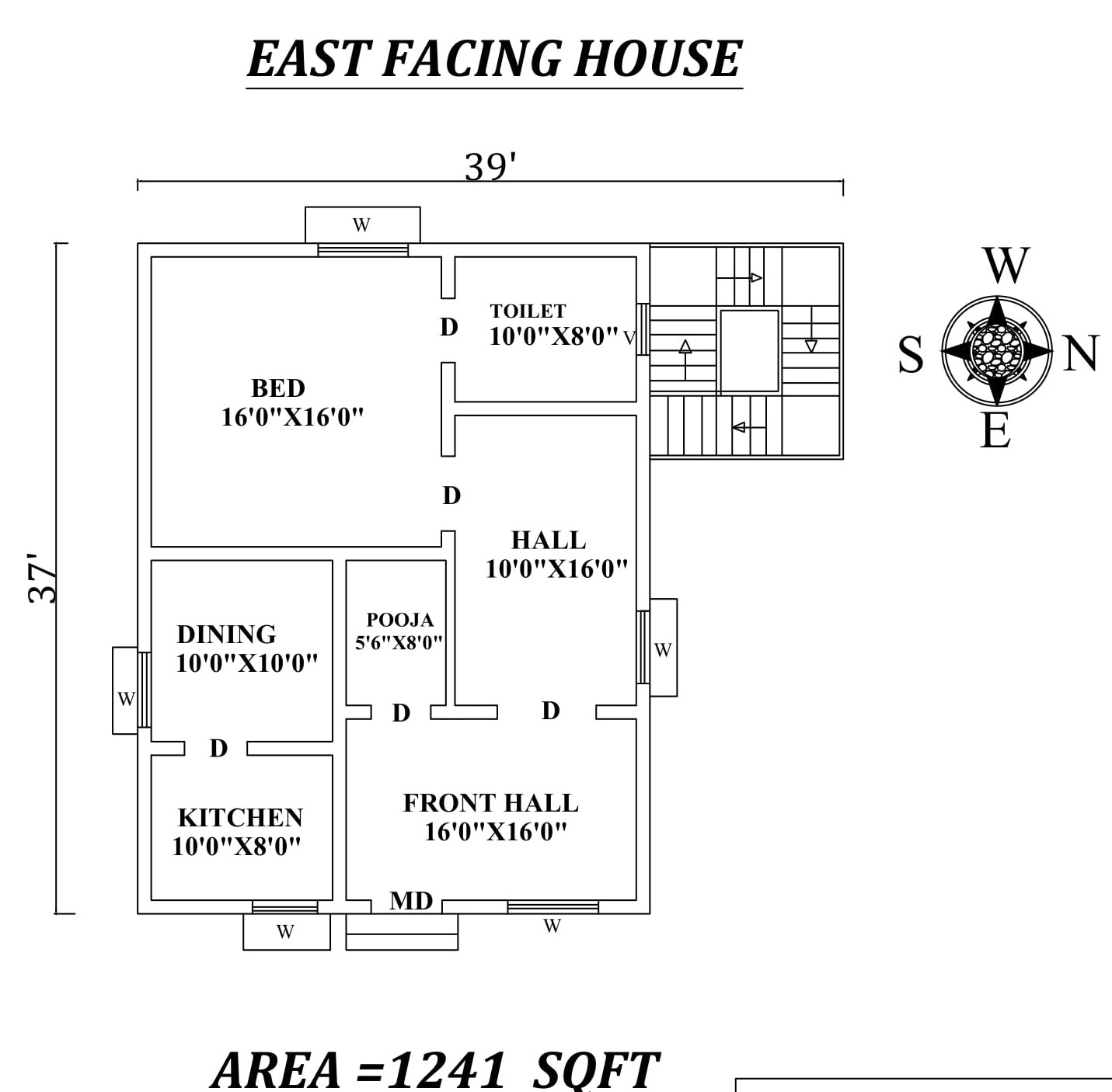 39'x37' Single bhk East facing House Plan As Per Vastu Shastra. Autocad ...