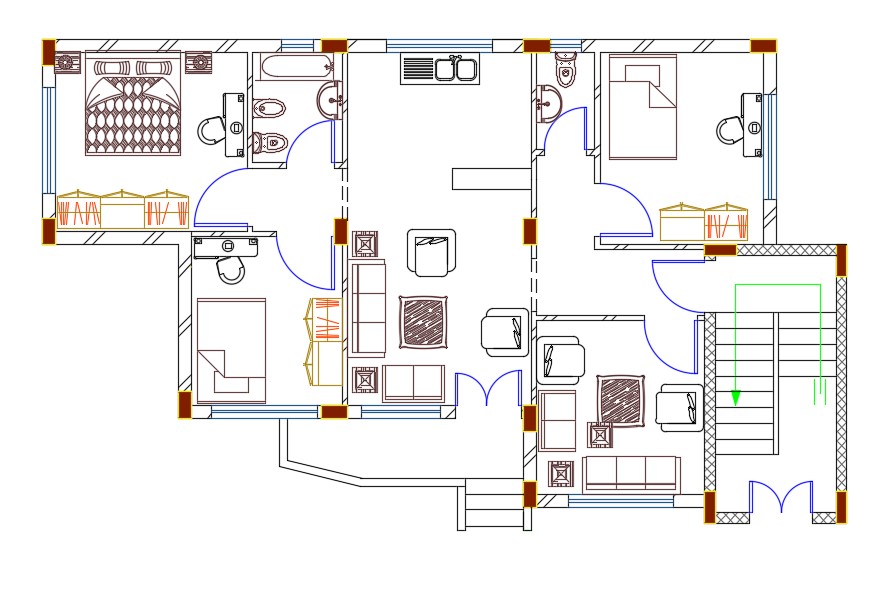  3 BHK  AutoCAD  House  Plan  DWG File  Cadbull