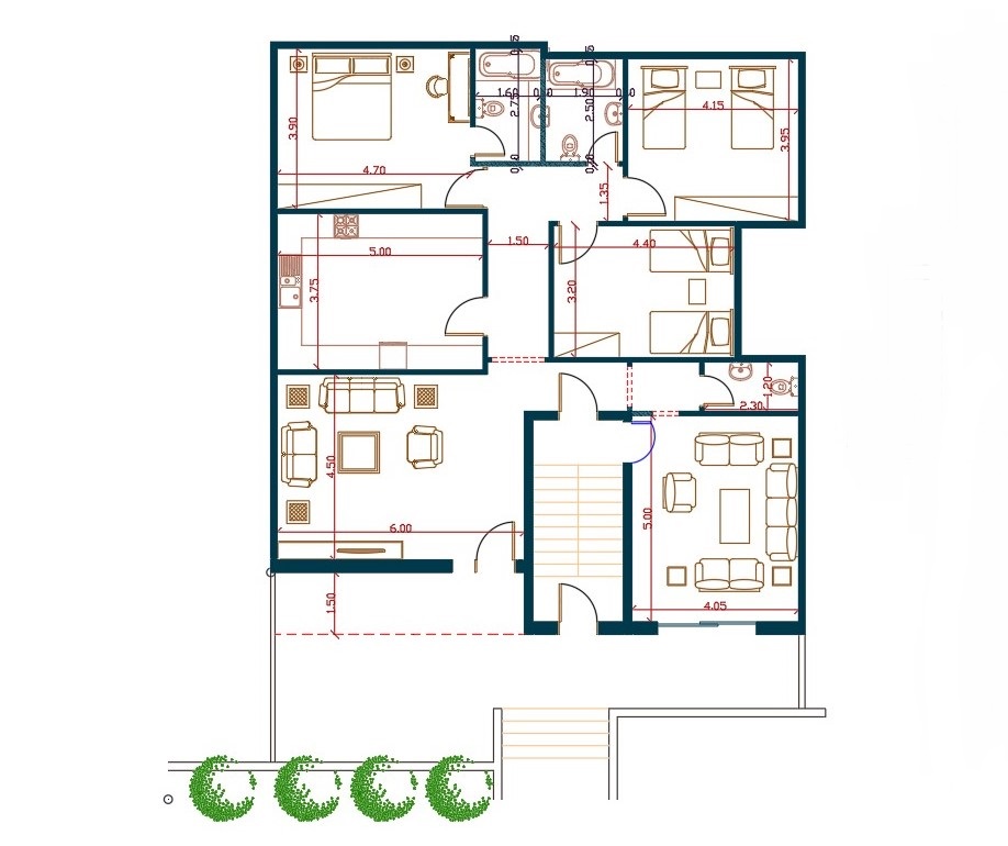 3 Bhk House Furniture Layout Plan Dwg File Cadbull