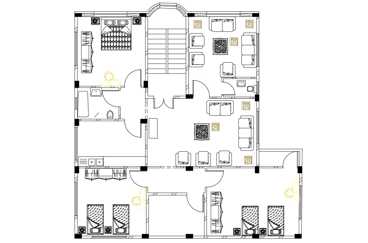 3 Bhk House Furniture Layout Plan Design Dwg File Cadbull